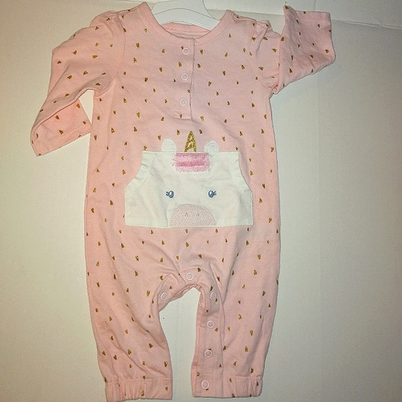 Brand New☆Carter's Baby Pink Unicorn Metallic Gold Hearts Pant Romper - Picture 1 of 9